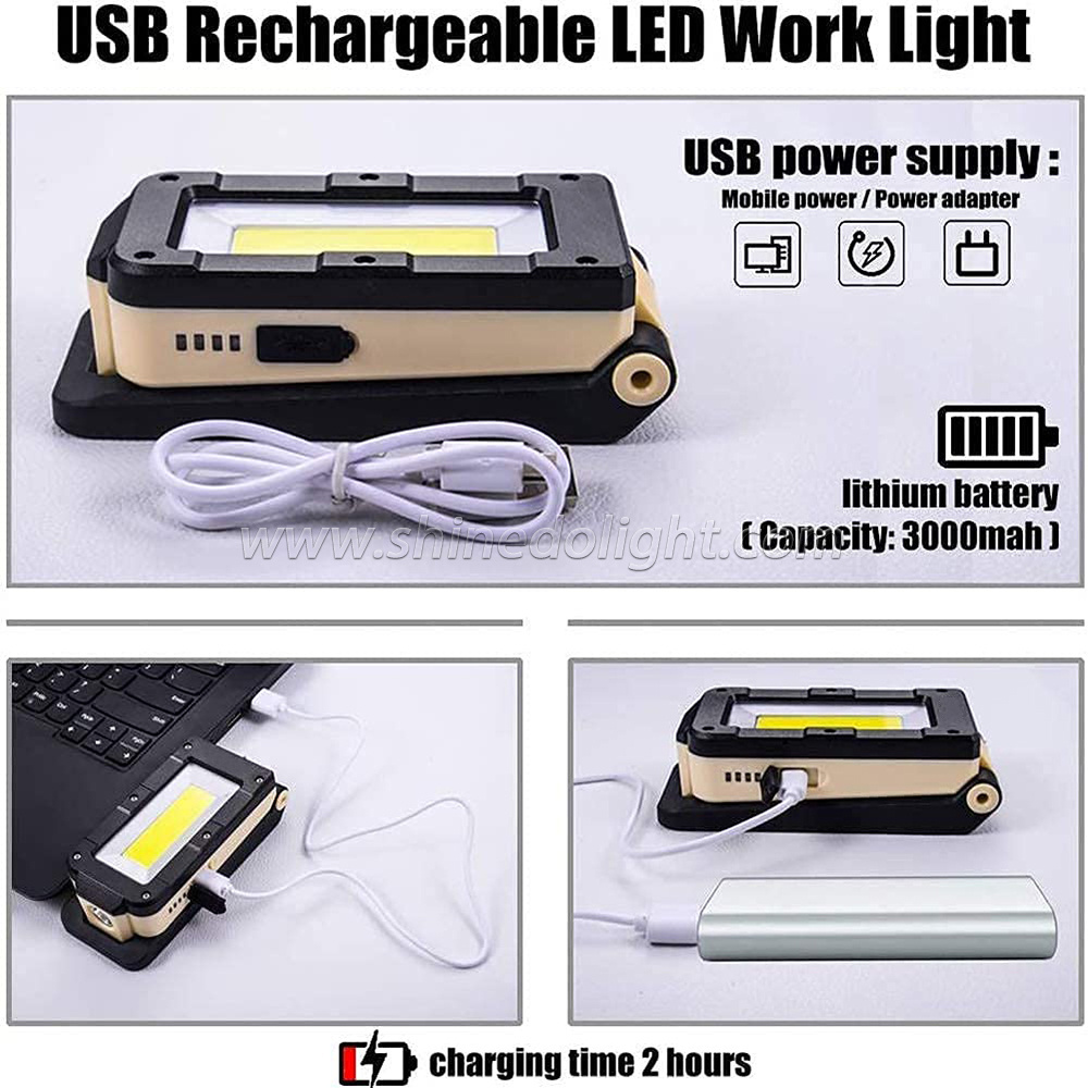 Portable rechargeable LED work light Multi-purpose flashlight 180 degrees rotating folding Handheld work light magnetic base