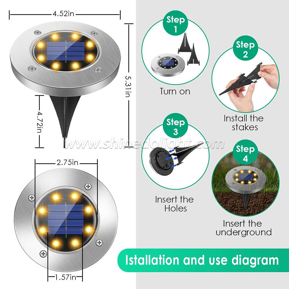 8 LED Disk Lights Outdoor Garden Landscape Lighting Solar Underground Light for pathway