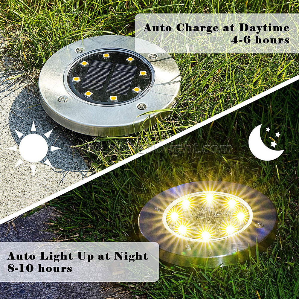 8 LED Disk Lights Outdoor Garden Landscape Lighting Solar Underground Light for pathway