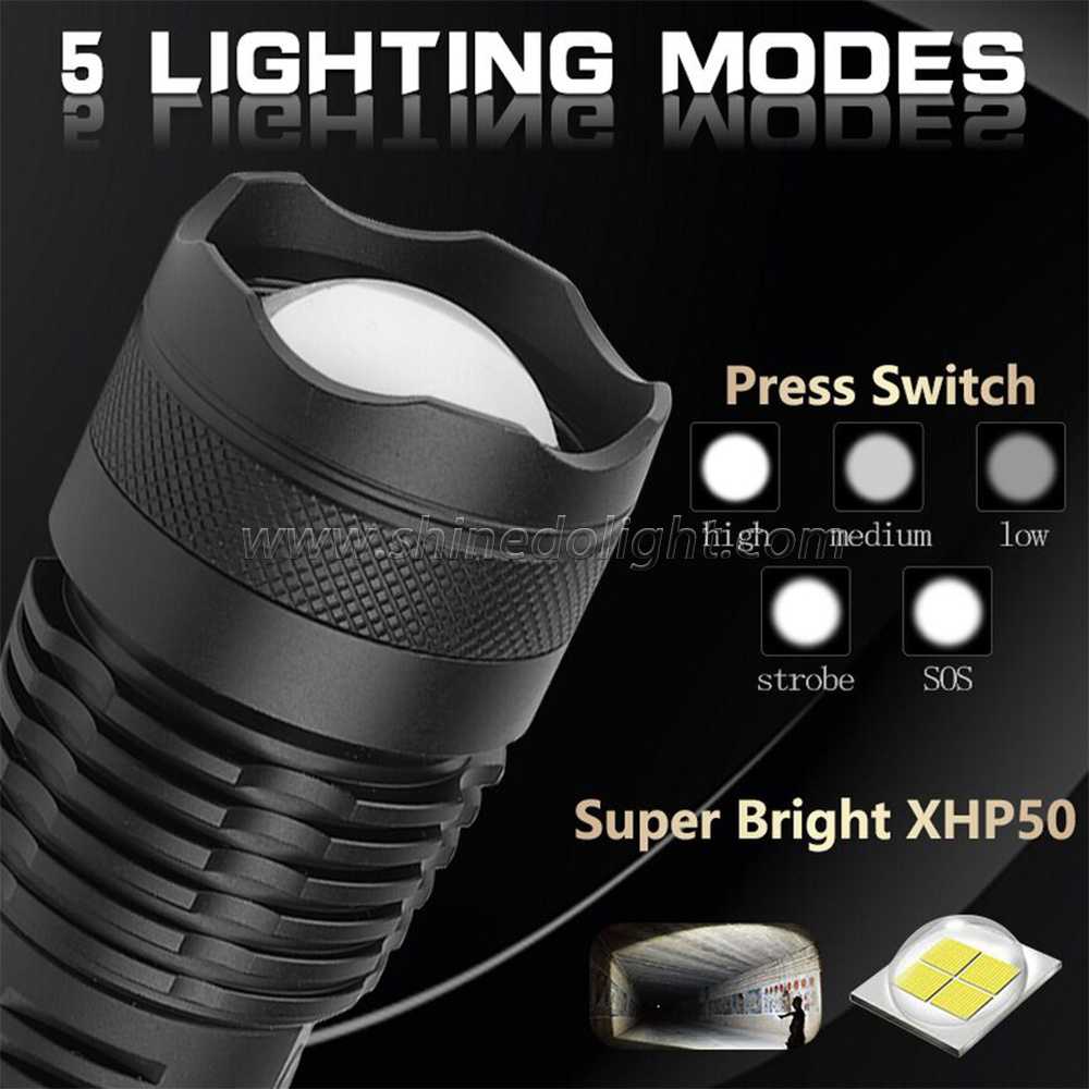 Super Bright Outdoor Aluminum Waterproof with P50  LED Rechargeable Torch Flashlight