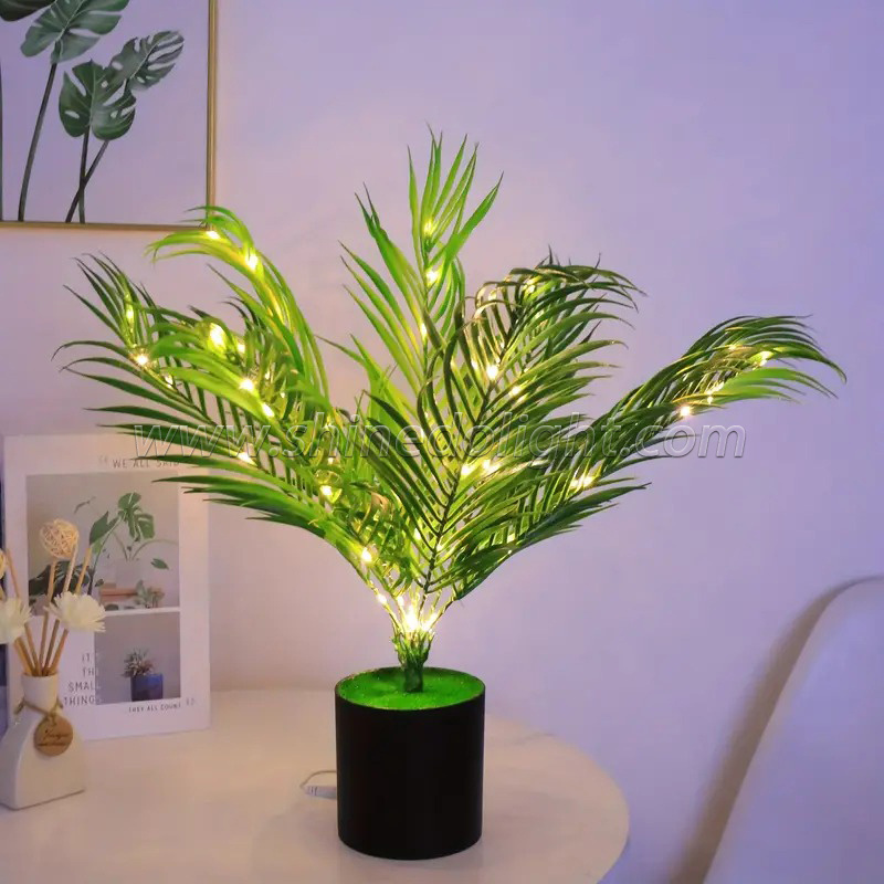 High simulation natural green interior decoration table lamp artificial potted Bonsai-Palm plant With Decor home Night light