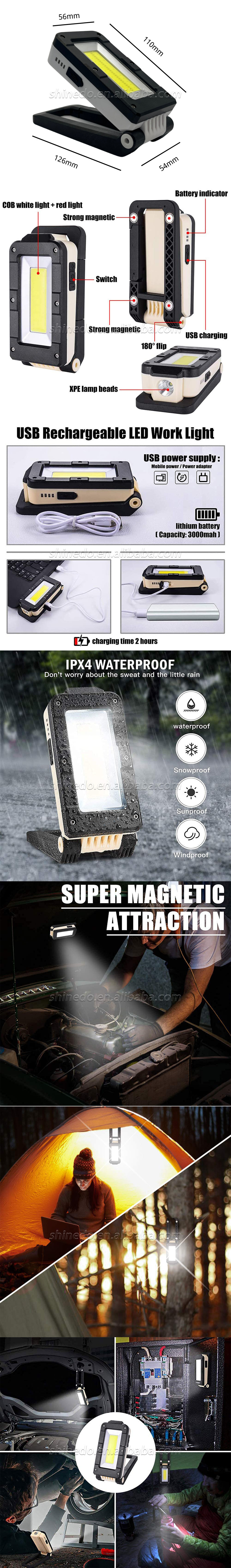 Portable rechargeable LED work light Multi-purpose flashlight 180 degrees rotating folding Handheld work light magnetic base