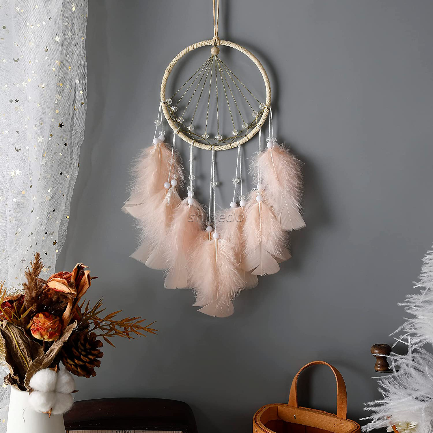 Handmade feather wall decoration Pink Dream catcher girl room nursery decoration