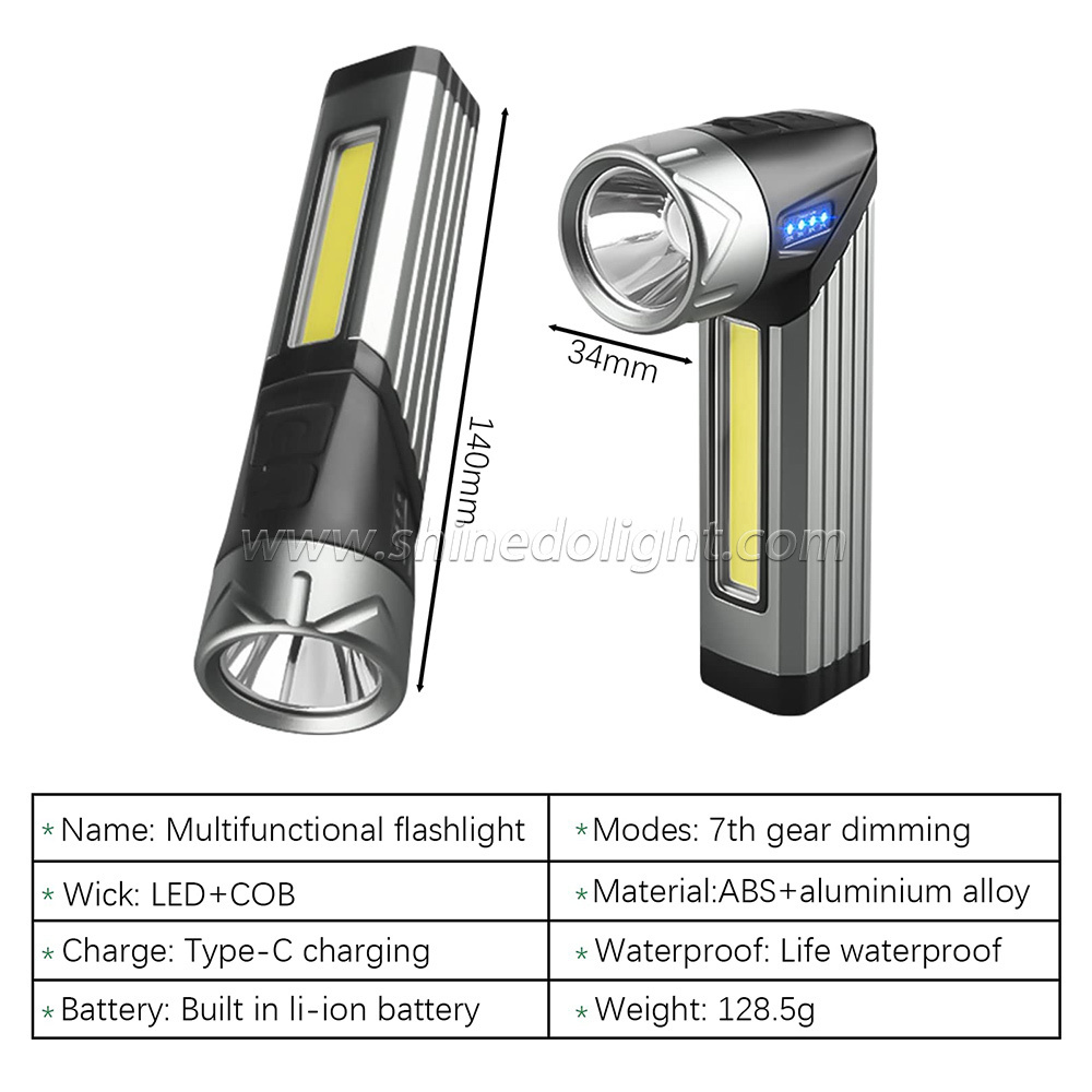 LED flashlight multi-functional 90-degree folding handheld working light USB charging