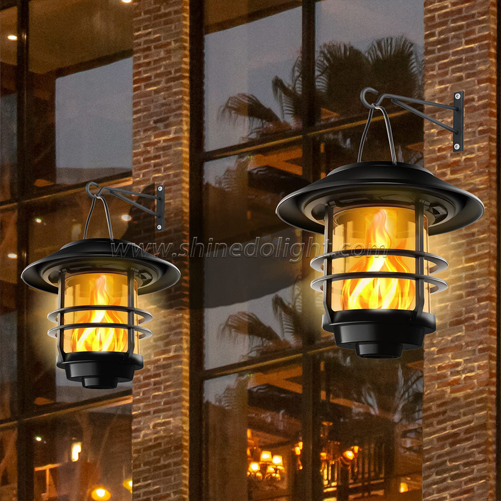 Solar Lantern Outdoor Hanging Wireless Waterproof Flickering Flames Lantern Lights with Wall Mount Kit for Garden Porch Fence