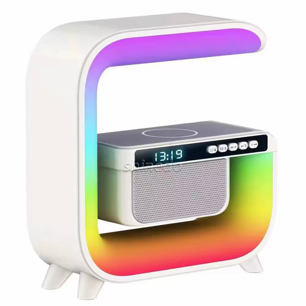 Mini G Shape Smart Desk Lamp, Cordless Bedside Table Lamp LED RGB night light Wireless charger Lamps with Speaker Alarm Clock