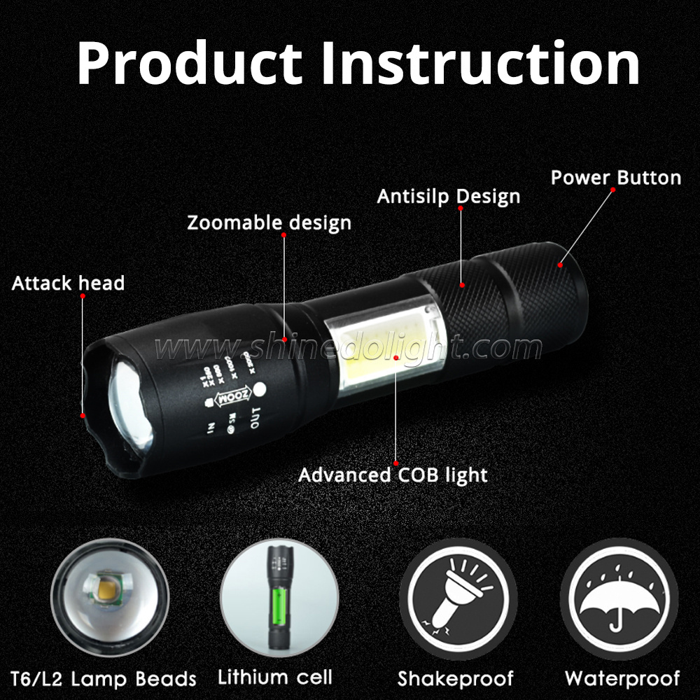 Waterproof LED Super Bright Outdoor Zoomable Hand LED COB Torch Light Camping  Hunting Flashlight