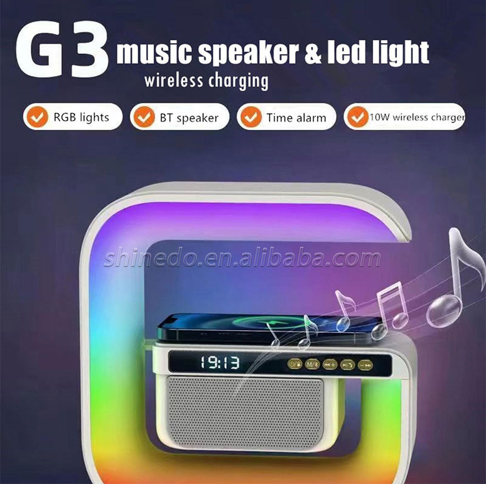 Mini G Shape Smart Desk Lamp, Cordless Bedside Table Lamp LED RGB night light Wireless charger Lamps with Speaker Alarm Clock