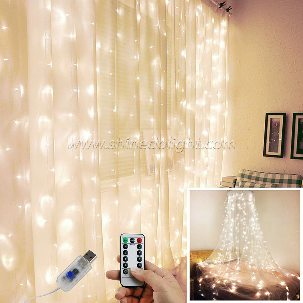 3x3m 300 8 Modes String Decorative Curtain lights, Window Waterproof Fairy Garland LED Curtain Light for Bedroom Decorations