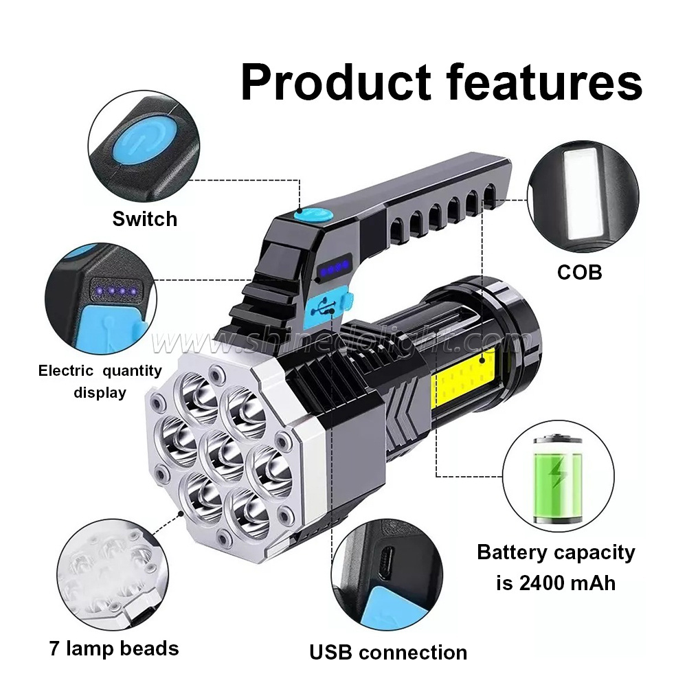 LED portable handheld flashlight with built-in USB rechargeable battery for emergency safety lighting at night