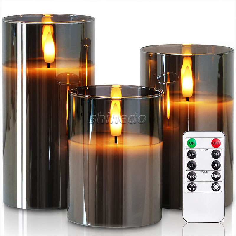 3d real flame light battery operated led candle remote control grey glass flameless electronic candles home decor night light