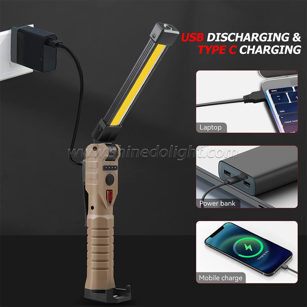 LED multi-function magnet folding professional flashlight 360-degree rotation car maintenance light USB jack charging