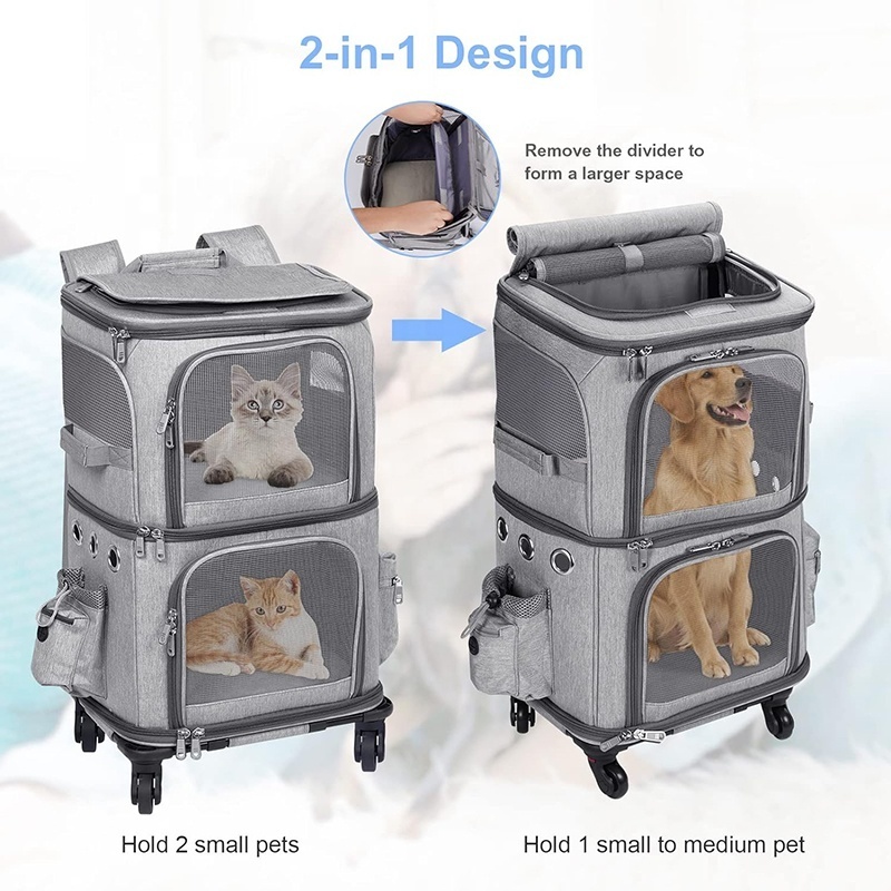 Cat Rolling Carrier Bag Double-Compartment Pet Carrier Backpack with Wheels