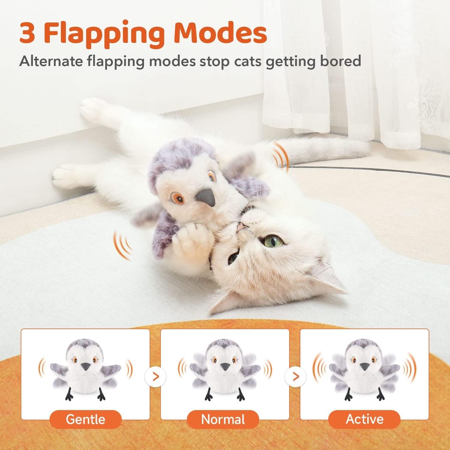 Eco-Friendly white grey plush polyester electric Interactive pet dog cat toy flapping bird