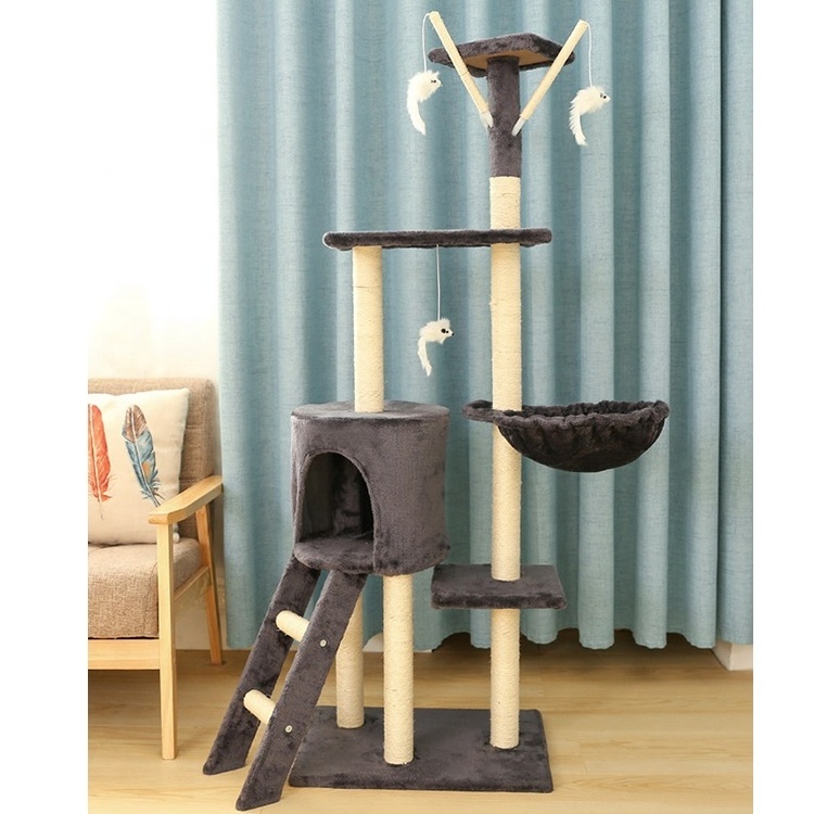 Factory Supplier Plush Pet Condo Tower House Furniture Cat Climbing Hammock Toys Cat Scratcher Tree