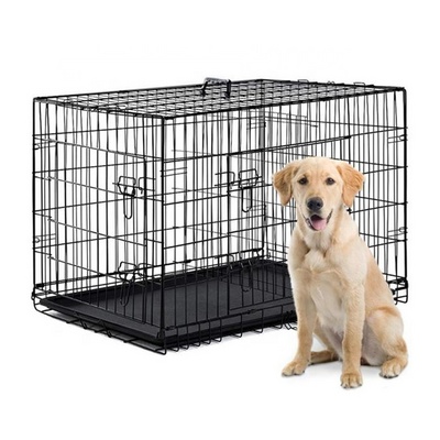 30" Double Door Folding Metal Dog Crate Pet Dog Cage Crate With Tray