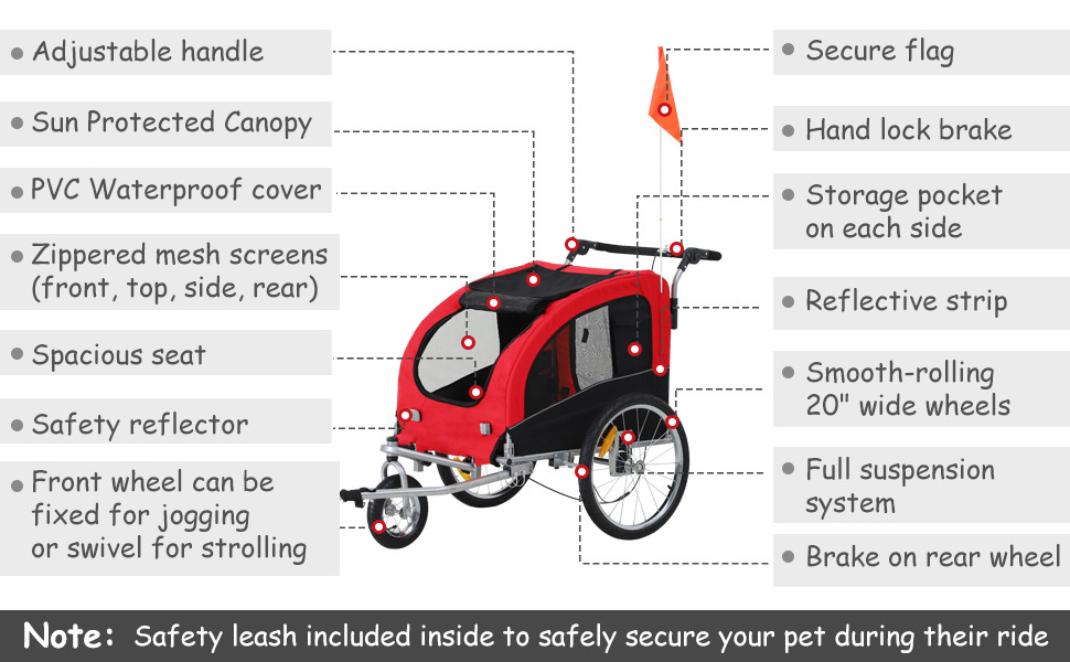 Foldable 2-in-1 Pet Dog Bike Trailer and Stroller with Suspension and Storage Pockets-Small size