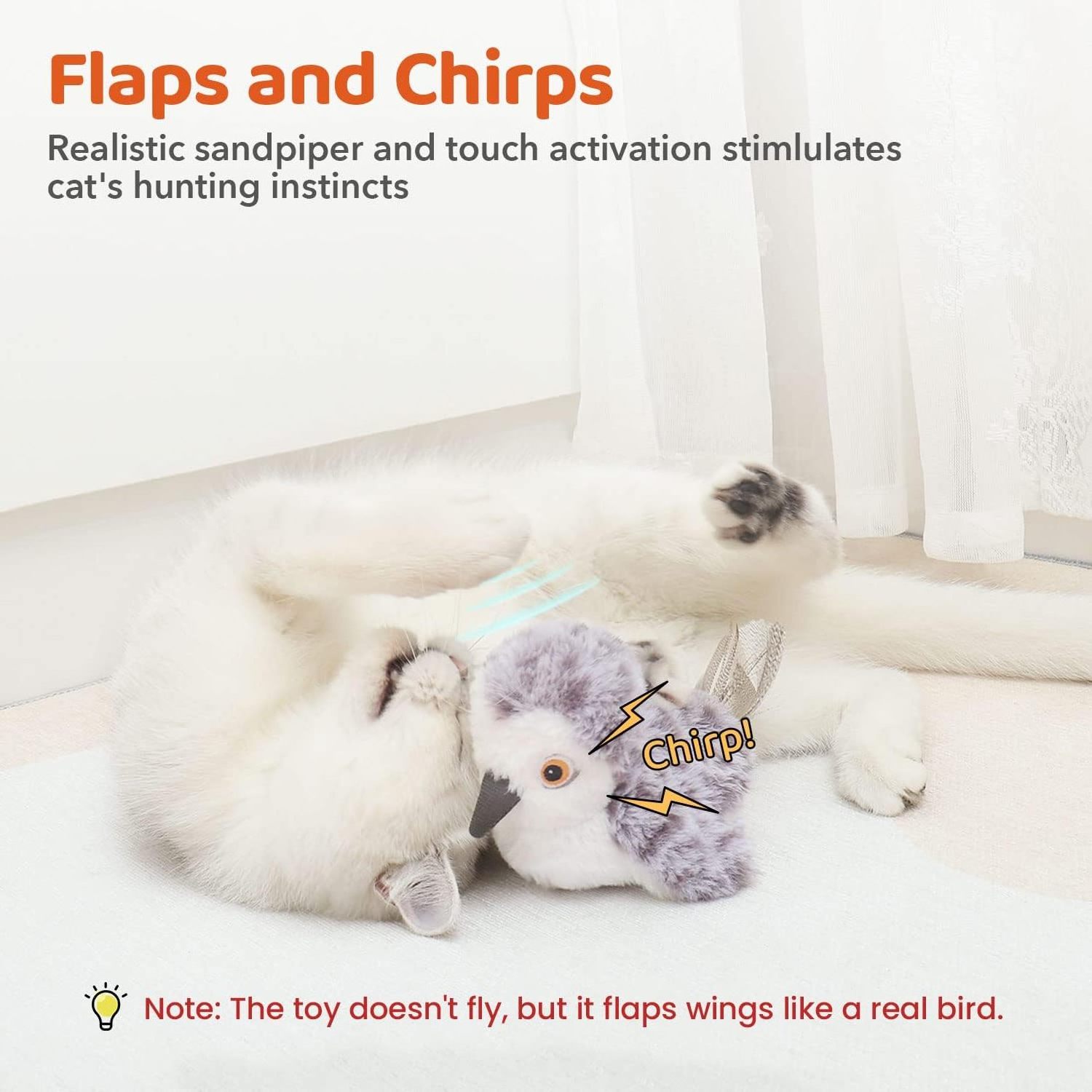 Eco-Friendly white grey plush polyester electric Interactive pet dog cat toy flapping bird