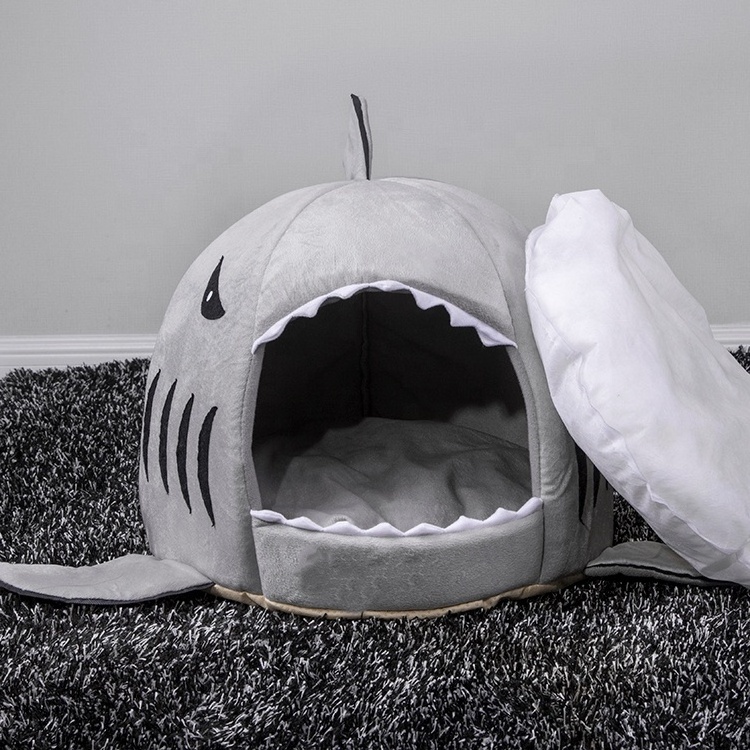 Washable Shark Pet House Pet Cat Dog Cave Bed for Small Medium Dog Cat with Removable Cushion and Waterproof Bottom