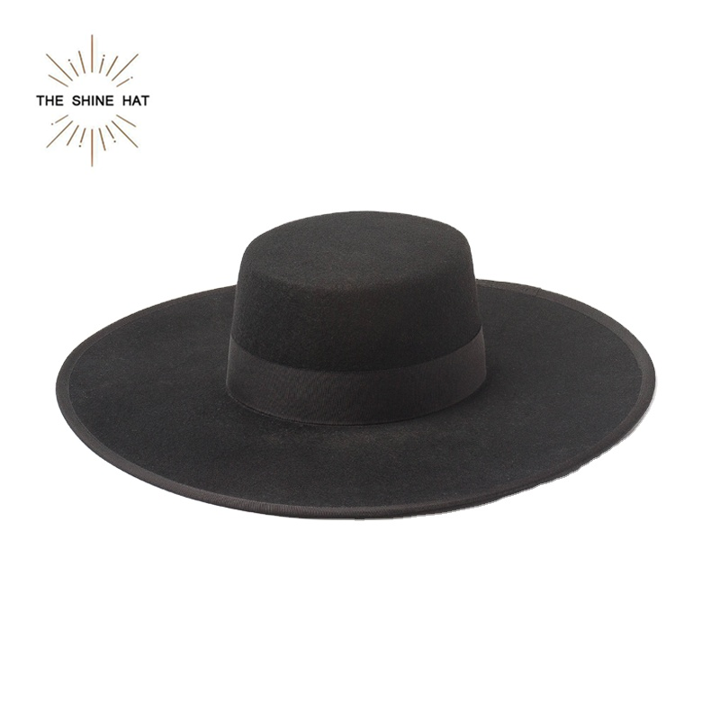 2021 Vintage Ladies  Panama  flat top Women Black wide brim 100% Wool Felt Fedora Hat