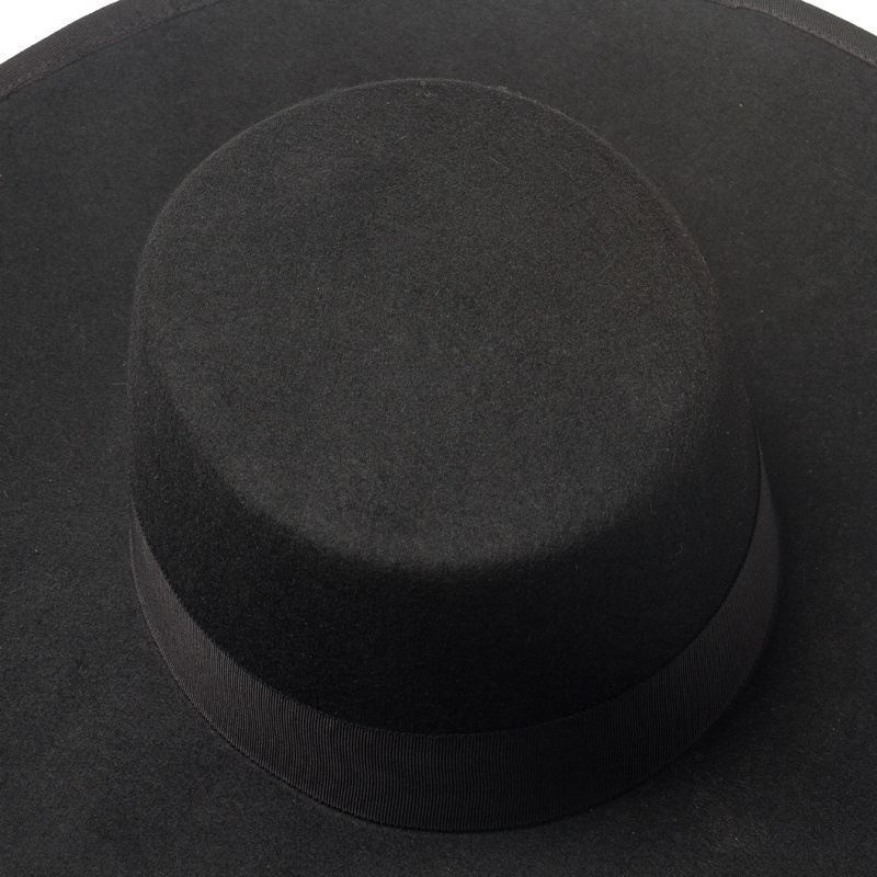 2021 Vintage Ladies  Panama  flat top Women Black wide brim 100% Wool Felt Fedora Hat