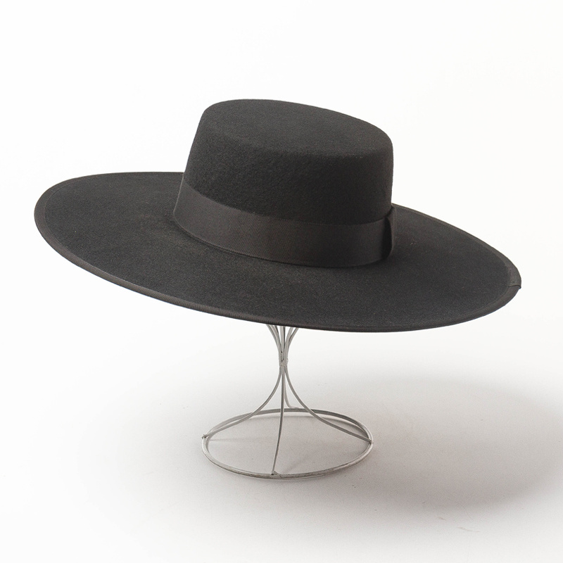 2021 Vintage Ladies  Panama  flat top Women Black wide brim 100% Wool Felt Fedora Hat