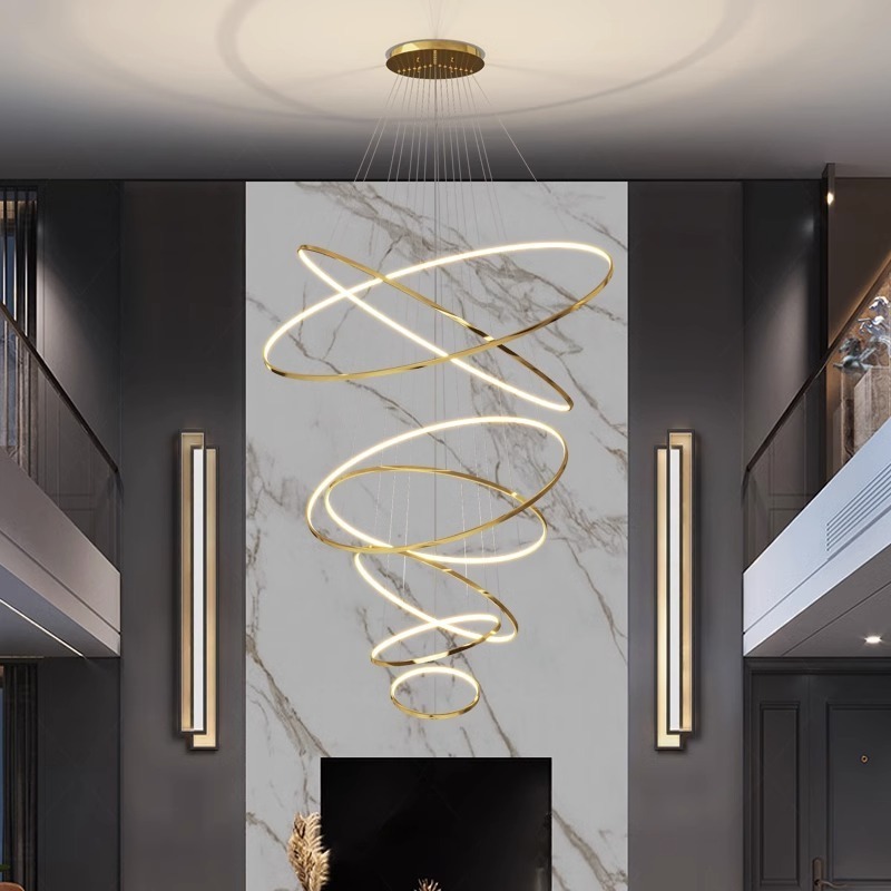 Modern Design Gold Circle Ring Lamp LED Chandelier Light Pendant for Home Villa Staircase Stainless Steel Large Hanging Fixture