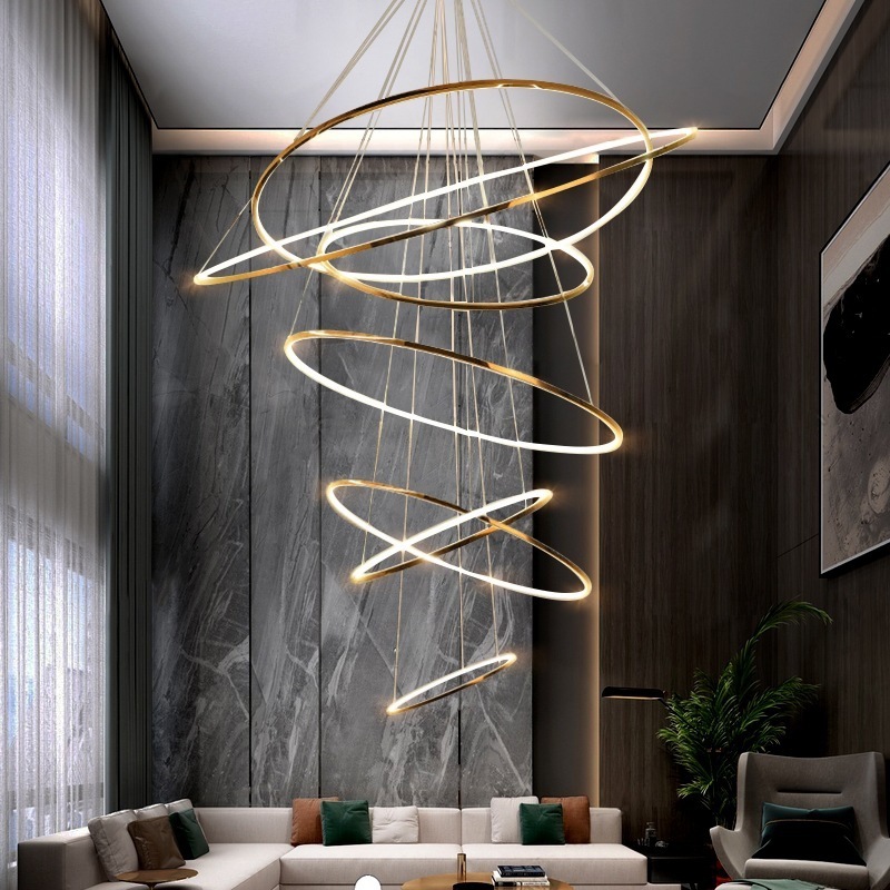 Modern Design Gold Circle Ring Lamp LED Chandelier Light Pendant for Home Villa Staircase Stainless Steel Large Hanging Fixture