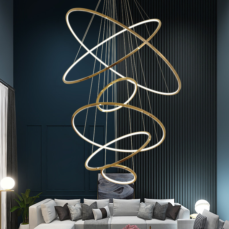 Modern Design Gold Circle Ring Lamp LED Chandelier Light Pendant for Home Villa Staircase Stainless Steel Large Hanging Fixture