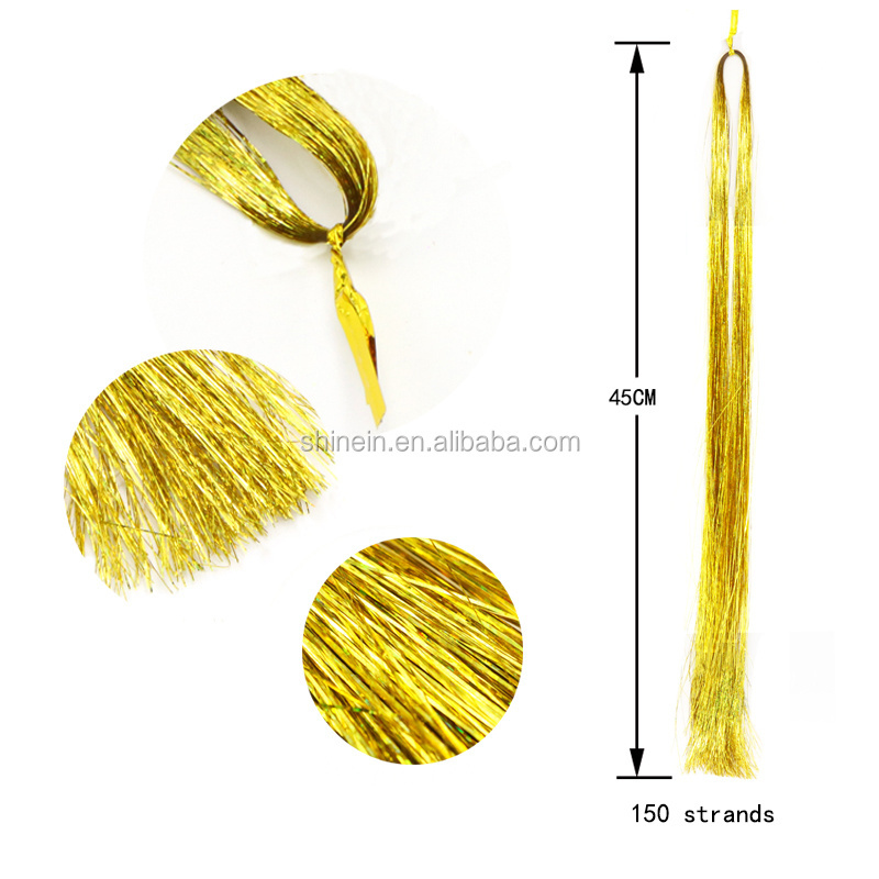 Wholesale Decoration Christmas Tree Synthetic Hair Tinsel Extension Holographic Silver Gold Glitter Hair Tinsel