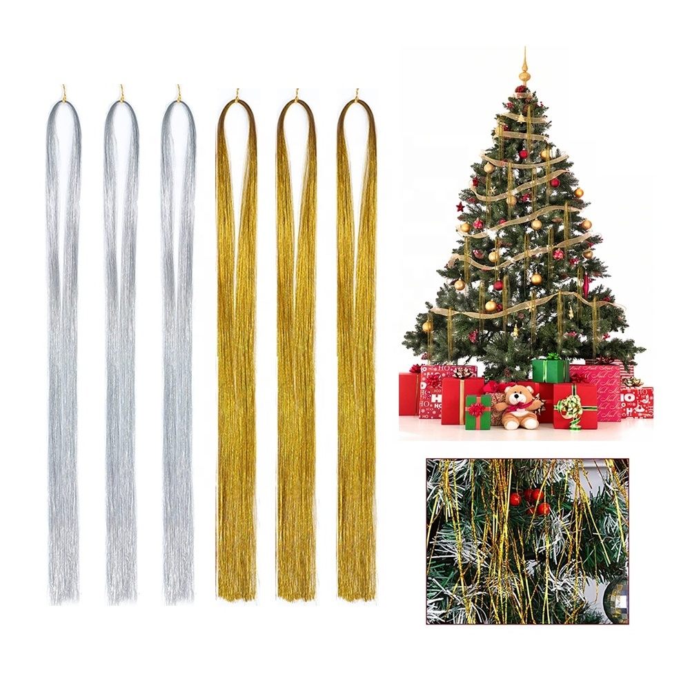 Wholesale Decoration Christmas Tree Synthetic Hair Tinsel Extension Holographic Silver Gold Glitter Hair Tinsel