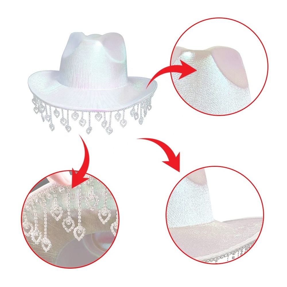 Shinein Women Diamond Pink Cowboy Hats Fringe Holographic Glitter Sparkly Neon Space Party Cowgirl Hat for Music Festival