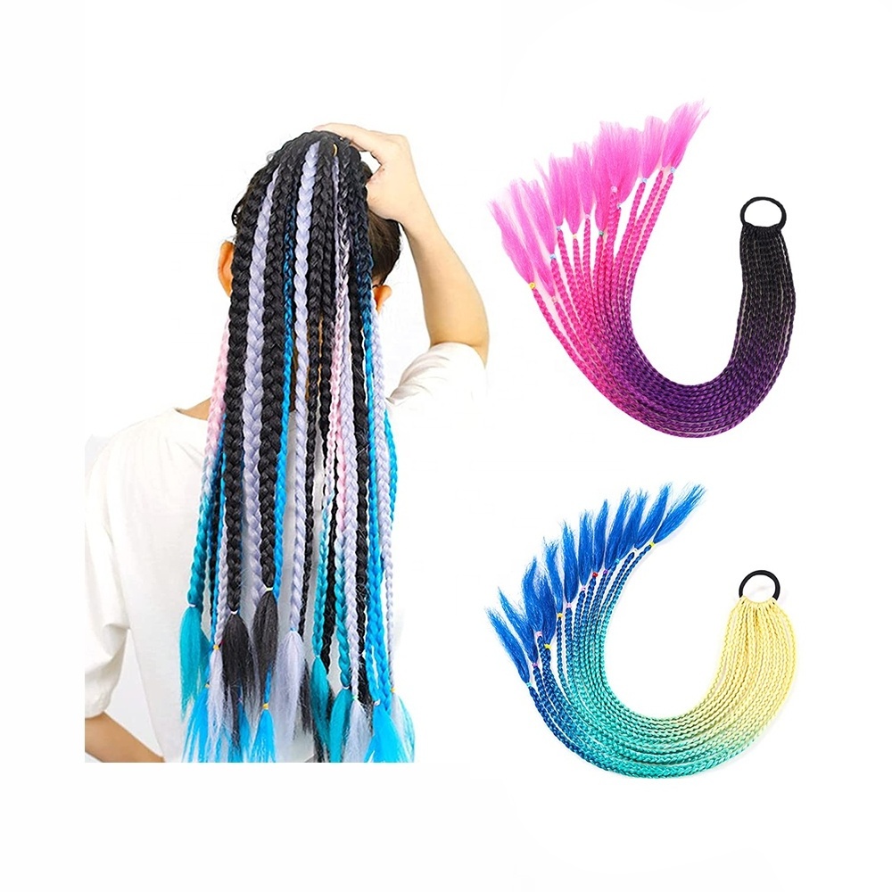 Hot Sale Hair Band Rainbow Pony tail Synthetic Hair Piece Dirty Colored Gradient Braids Ponytail Hair Extensions for Women Kids