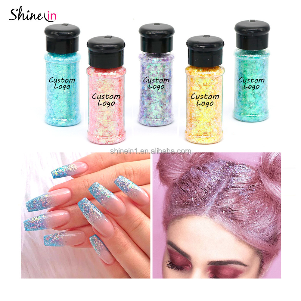 Shinein Bulk Holographic Chunky Glitter in Shaker 4.5g 10g 1.5oz 2oz 3.5oz Jars Glitter Container Shaker