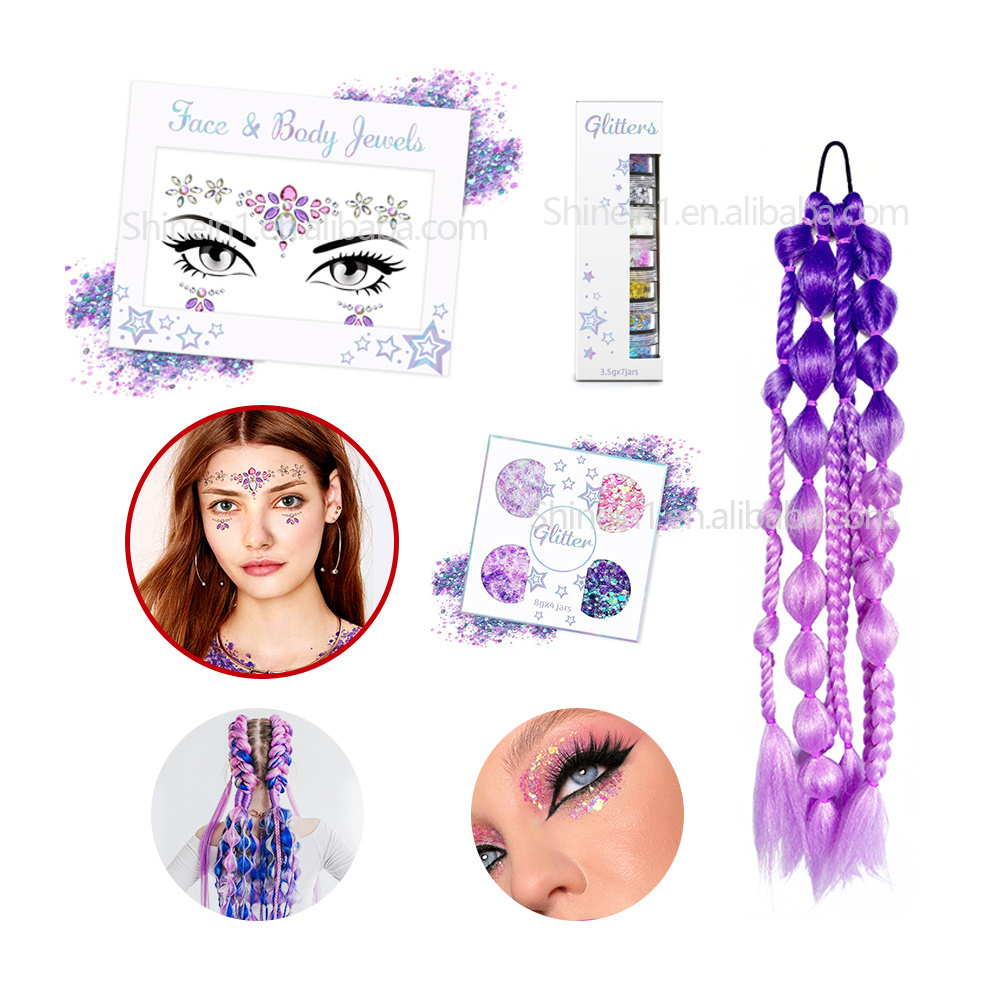 Shinein Ombre Braid Hair Cosmetic Face Body Glitter Adhesive Crystal Gem Face Stickers Rhinestone Face Jewel Sticker