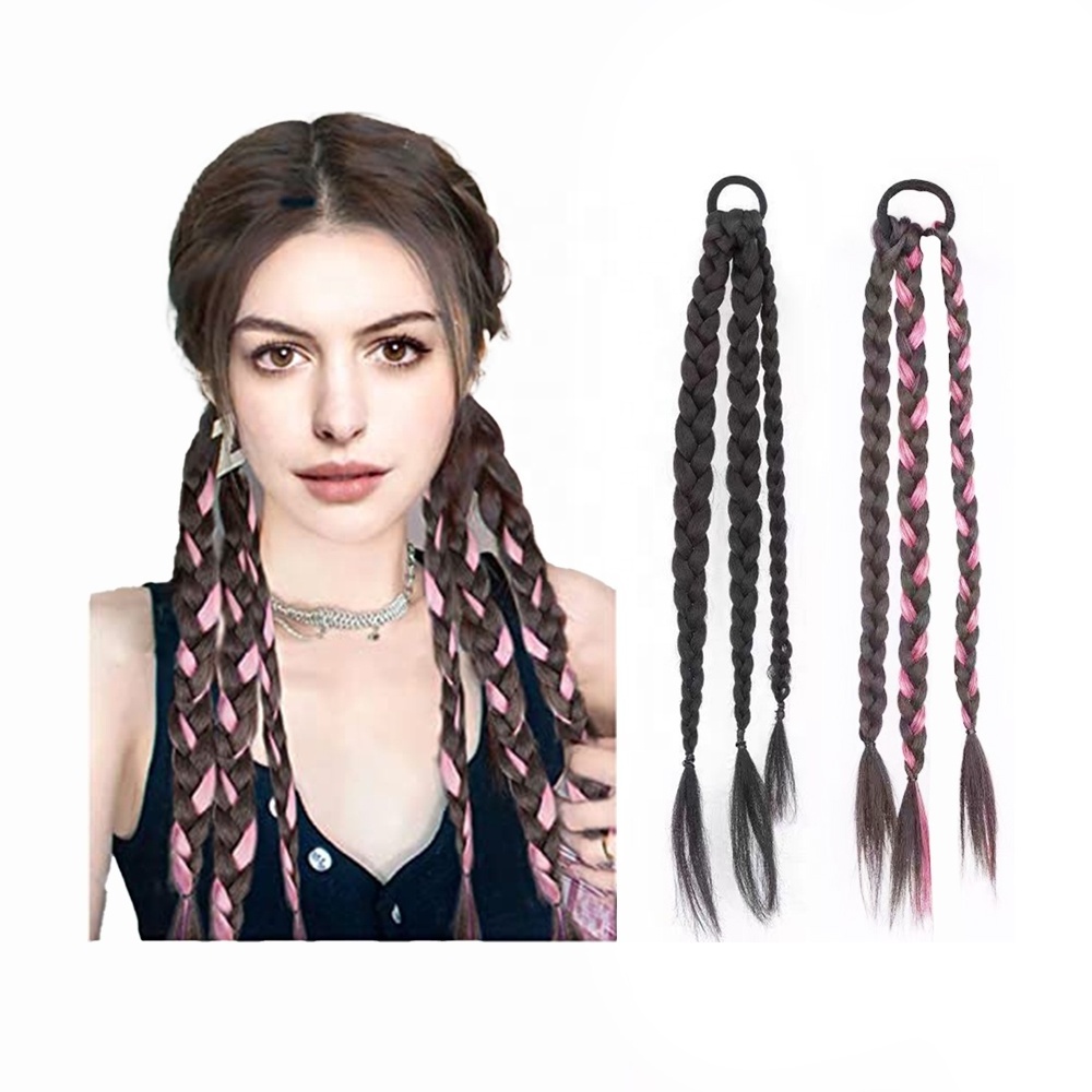 Hot Sale Hair Band Rainbow Pony tail Synthetic Hair Piece Dirty Colored Gradient Braids Ponytail Hair Extensions for Women Kids