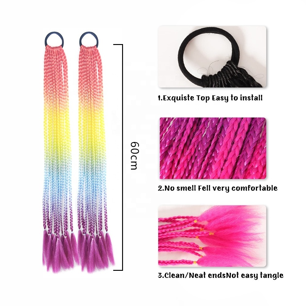 Hot Sale Hair Band Rainbow Pony tail Synthetic Hair Piece Dirty Colored Gradient Braids Ponytail Hair Extensions for Women Kids