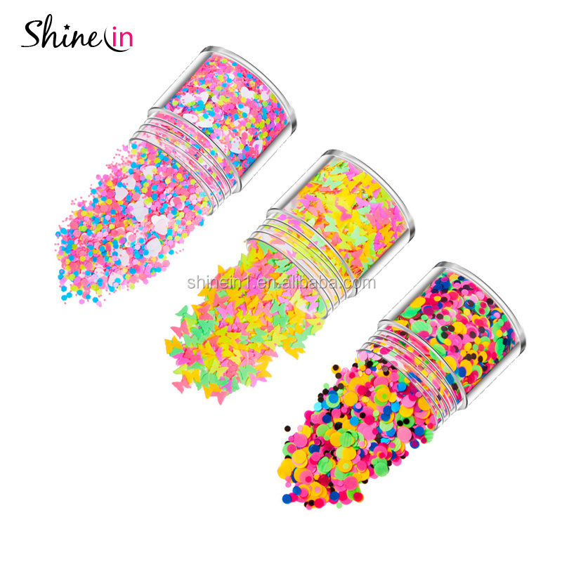 Shinein Chunky Neon Heart Glitter Fluorescent Butterfly Dot Neon Shape Glitter Nail Art Mixed Neon Color Glitter for Festival