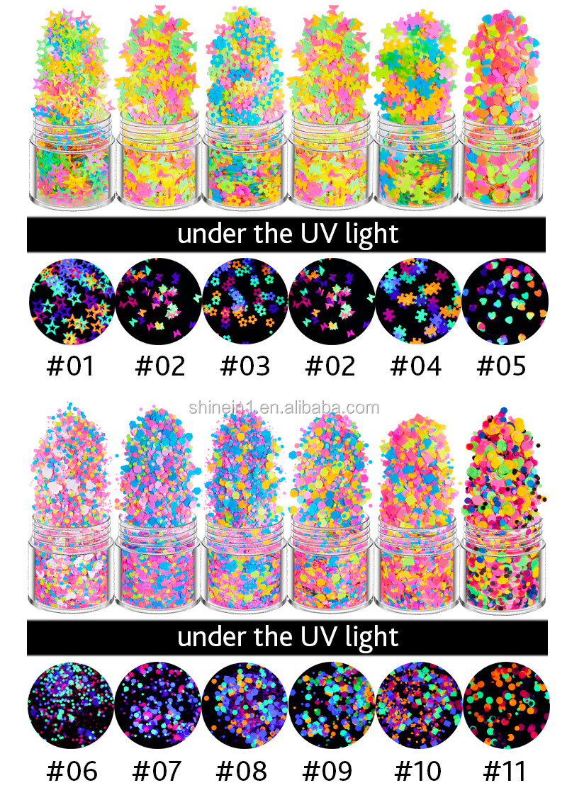 Shinein Chunky Neon Heart Glitter Fluorescent Butterfly Dot Neon Shape Glitter Nail Art Mixed Neon Color Glitter for Festival