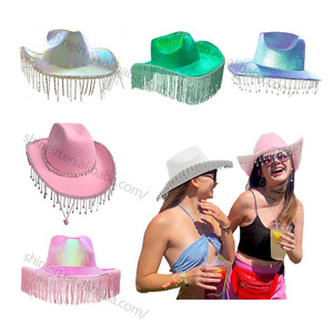 Shinein Women Diamond Pink Cowboy Hats Fringe Holographic Glitter Sparkly Neon Space Party Cowgirl Hat for Music Festival