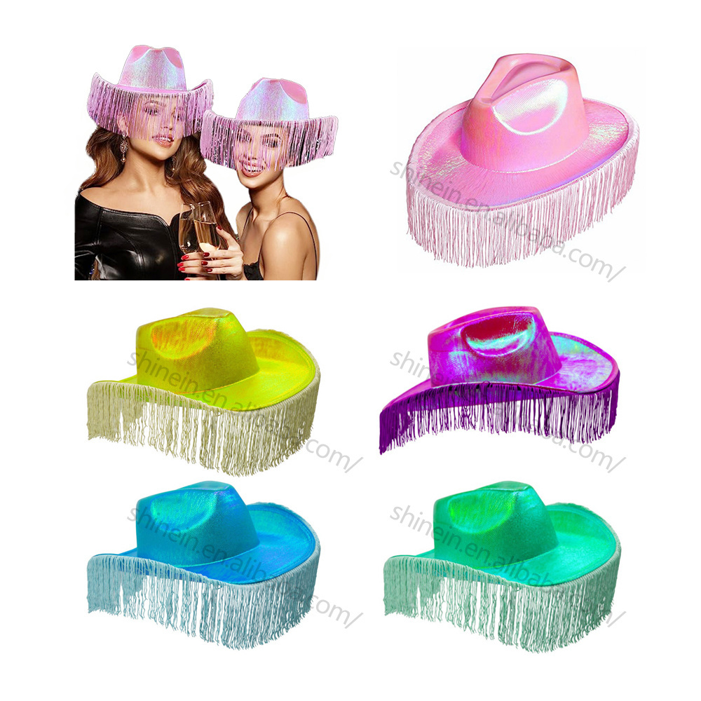 Shinein Women Diamond Pink Cowboy Hats Fringe Holographic Glitter Sparkly Neon Space Party Cowgirl Hat for Music Festival