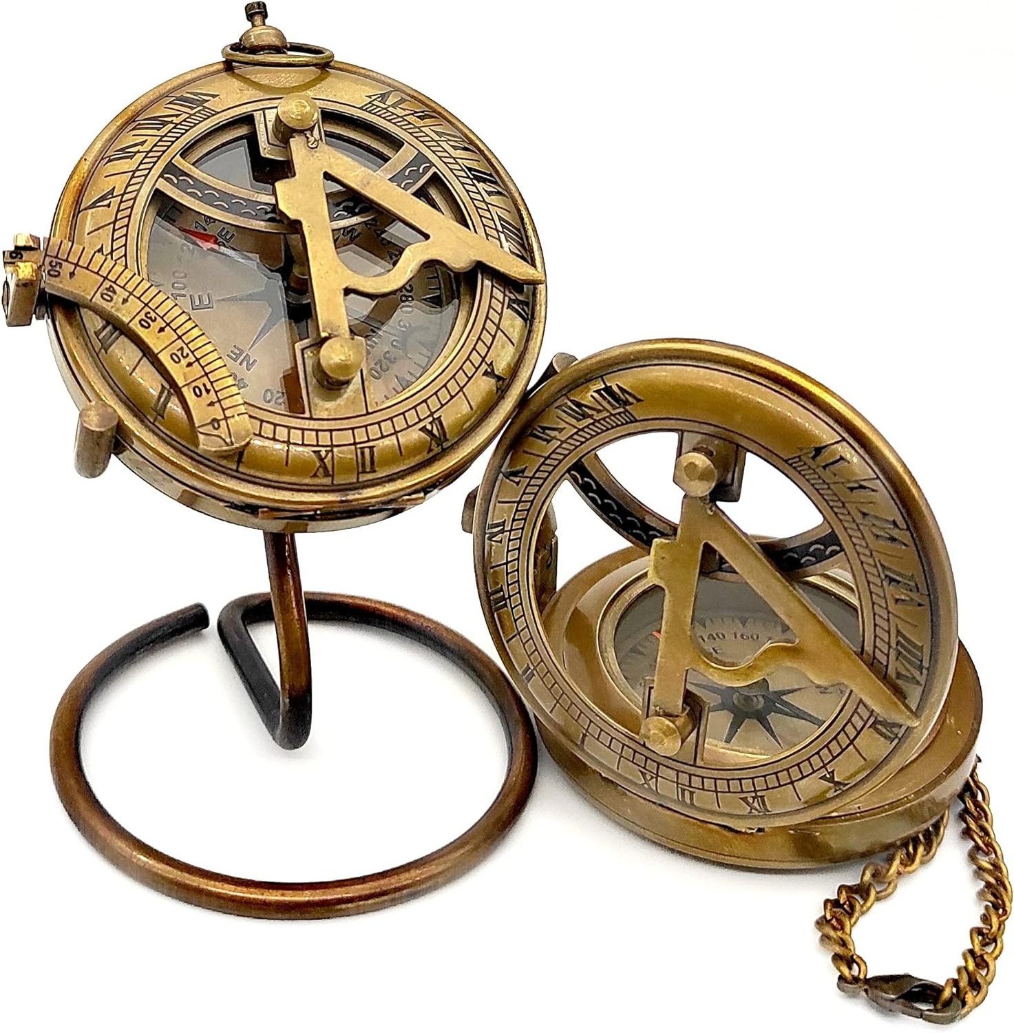 Sundial Compass 3'' with Display Stand OR Leather case-Perfect Desk Accessory & Nautical Collection Push Open Compass Antique