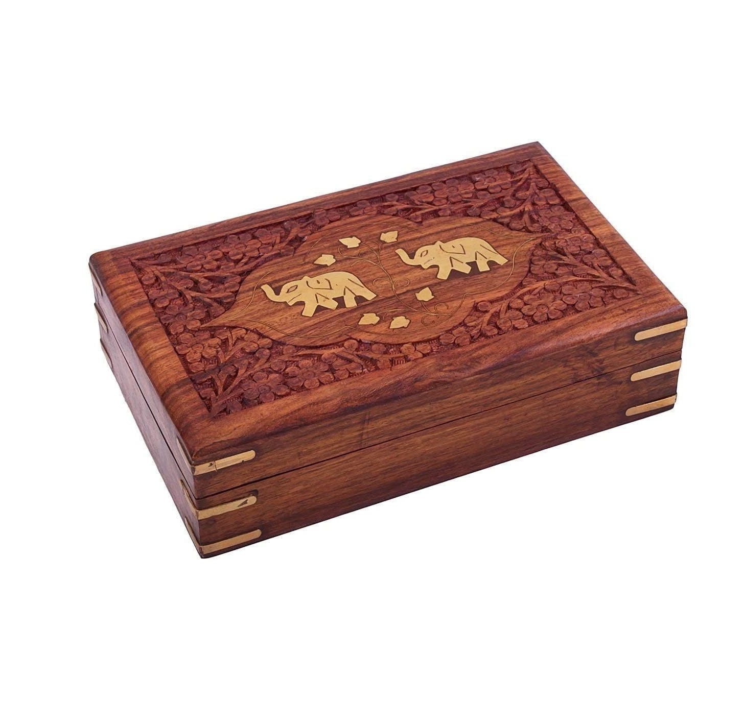 Indian Jewelry Holder Elephant Carving Wooden Jewellery Box With Brass Inlay Wooden Trinket Box Wood Jewelry Organizer Keepsake