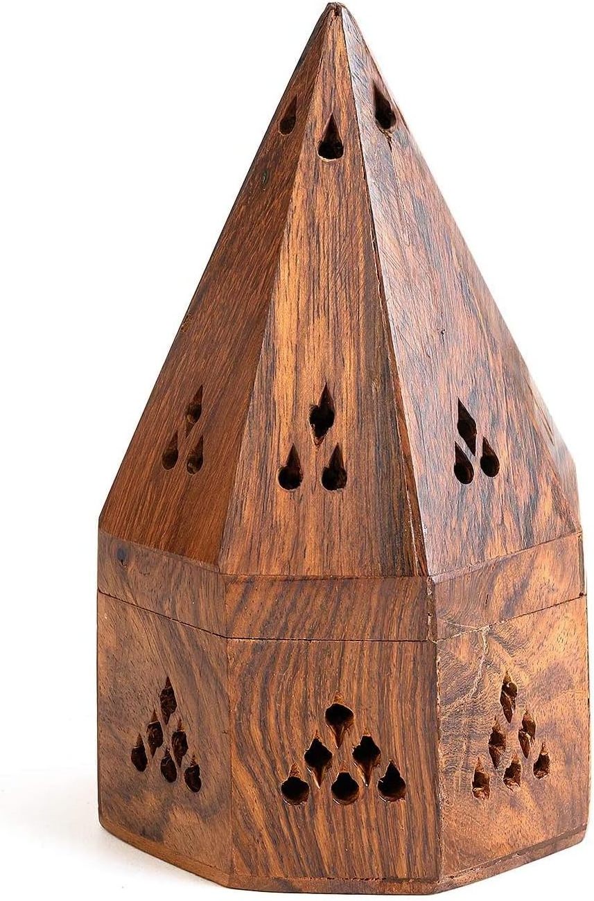 5 Inch Temple Wooden Charcoal / Cone Burner - Top Cone Shape, Handcrafted Wooden Incense Burner Box Temple Shape