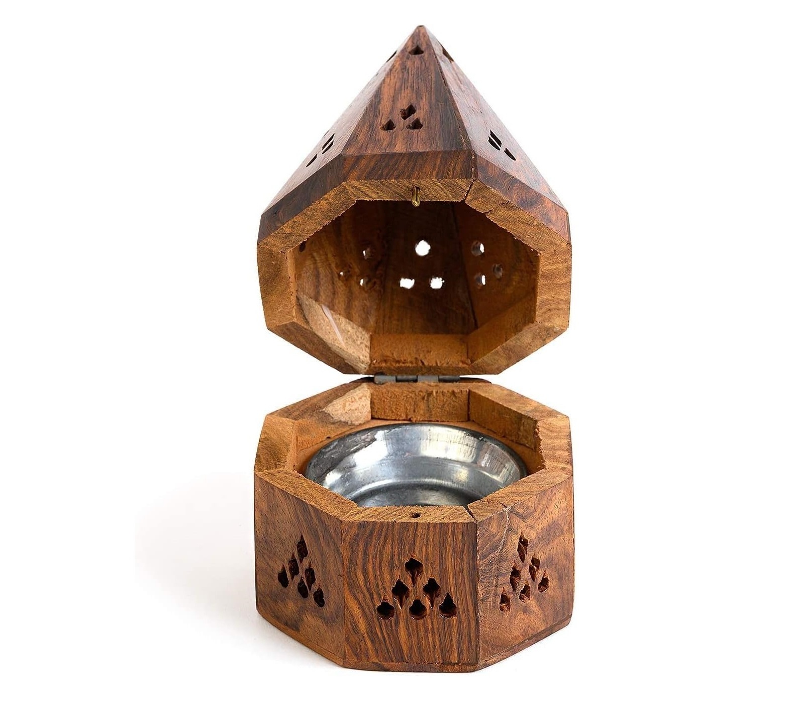 5 Inch Temple Wooden Charcoal / Cone Burner - Top Cone Shape, Handcrafted Wooden Incense Burner Box Temple Shape