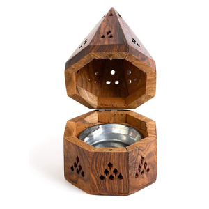 5 Inch Temple Wooden Charcoal / Cone Burner - Top Cone Shape, Handcrafted Wooden Incense Burner Box Temple Shape