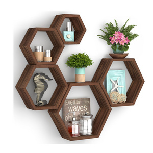 Hexagon Floating Shelves Wall Mounted Wood Farmhouse Storage Set of 5 Hexagon Shelves Wall Home Decor for Kitchen Bedroom