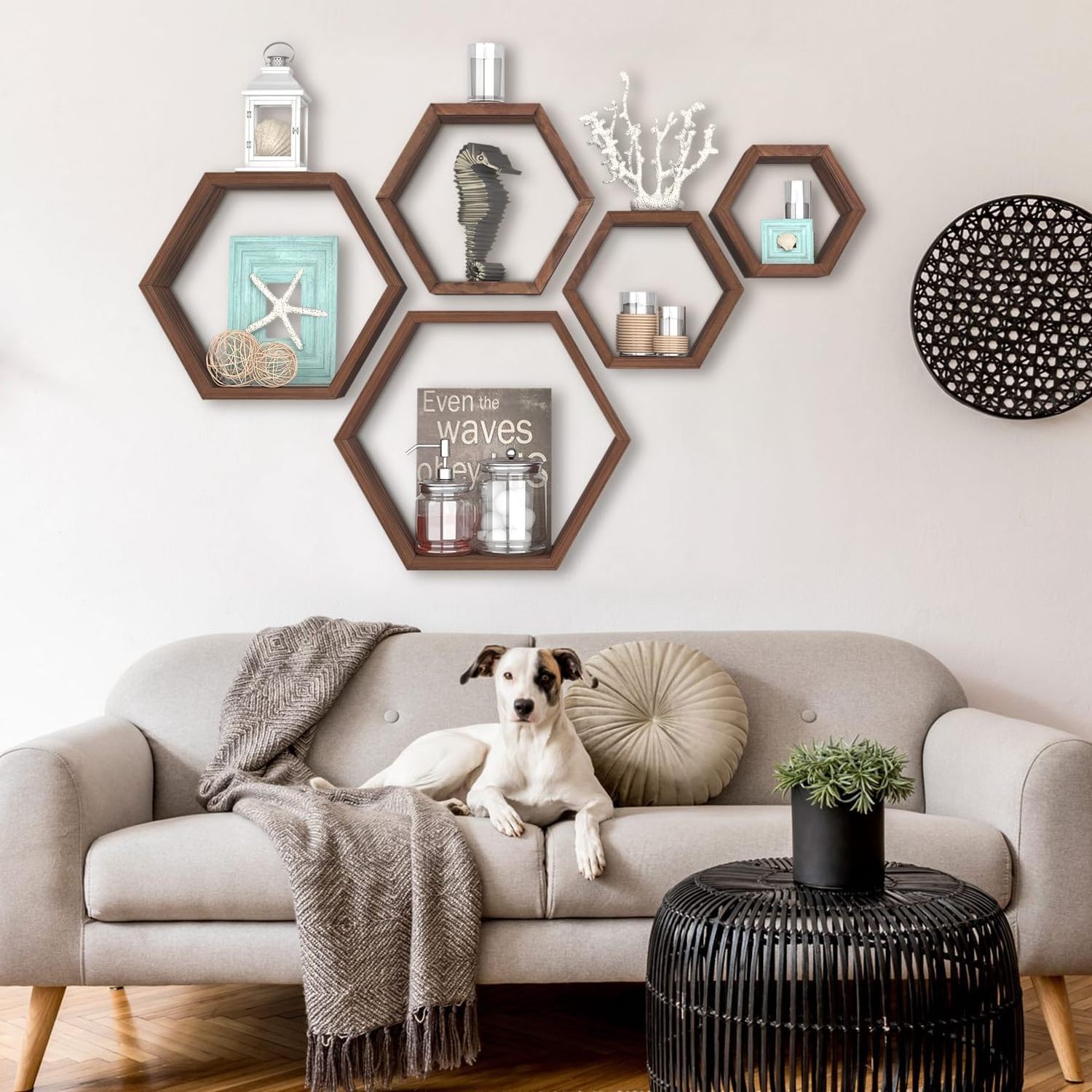 Hexagon Floating Shelves Wall Mounted Wood Farmhouse Storage Set of 5 Hexagon Shelves Wall Home Decor for Kitchen Bedroom