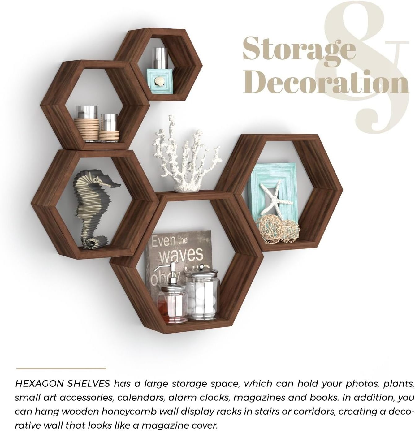 Hexagon Floating Shelves Wall Mounted Wood Farmhouse Storage Set of 5 Hexagon Shelves Wall Home Decor for Kitchen Bedroom