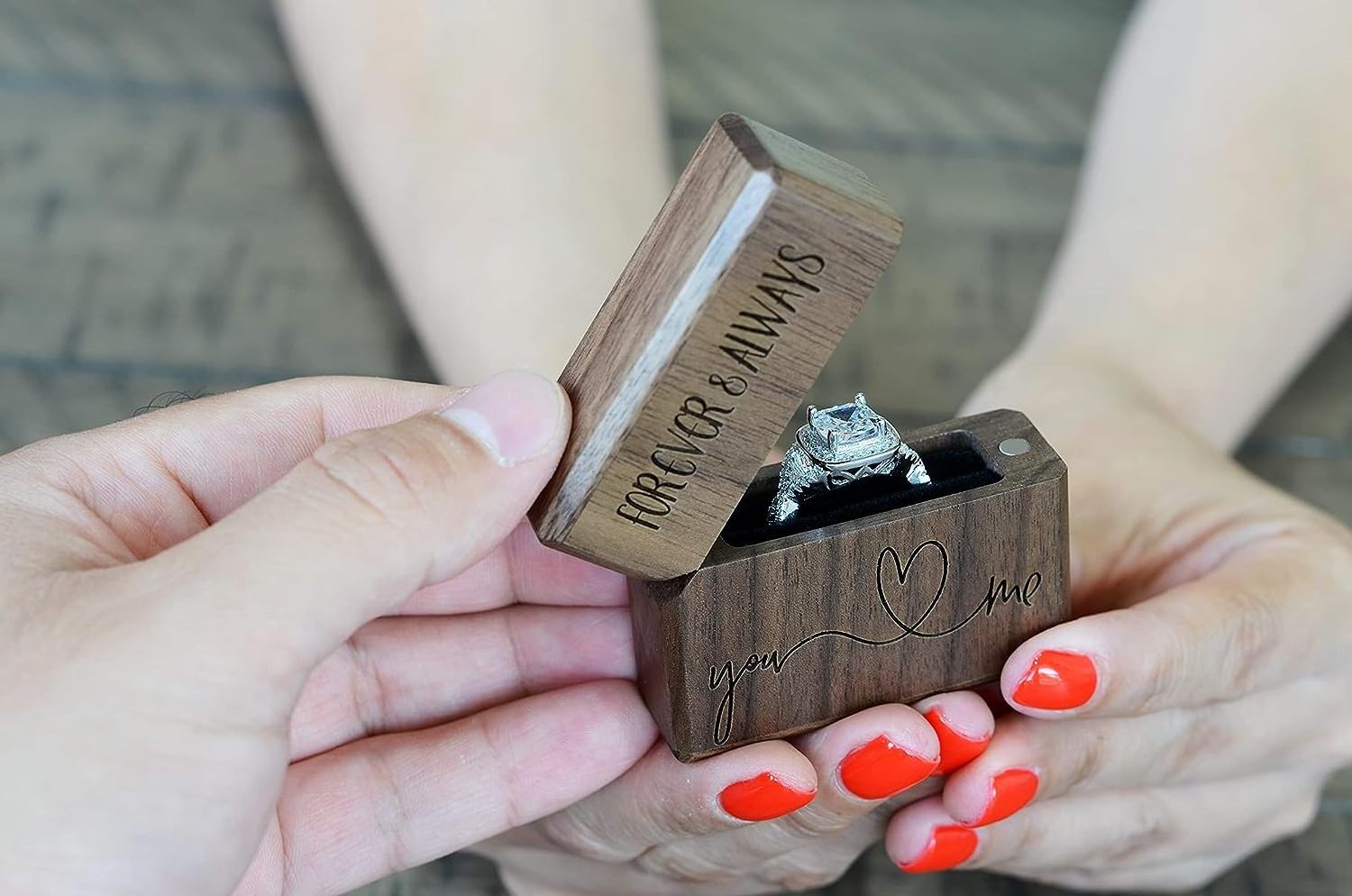 Engagement Ring Box for Proposal Slim Pocket Size Walnut Wooden Lighter Ring Box Engraved (Forever and Always You and Me)